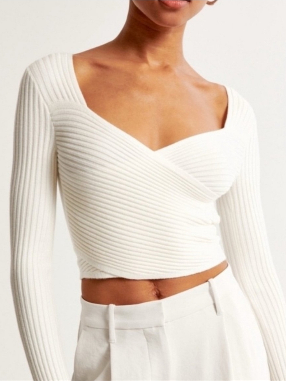 Abercrombie & Fitch Cream Ribbed Wrap-Front Long Sleeve Top Size Medium